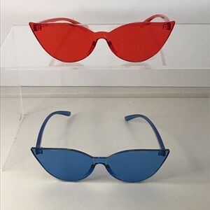 BRAND NEW - LOT OF 2 Rimless Colored Cat Eye Sunglasses  RETRO - Red/Blue